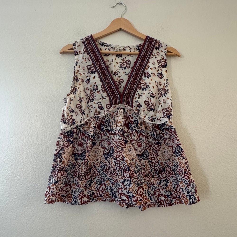 Lucky Brand Floral Paisley Peplum Sleeveless Boho Blouse Size M Ivory Excellent